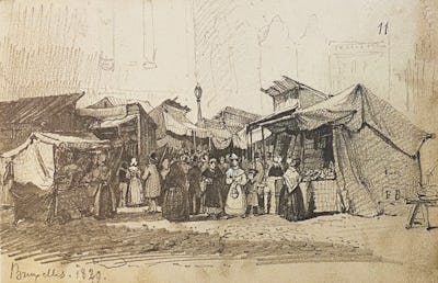 François Antoine Bossuet, Le Marché des Récollets, 1829, crayon, rehaut de blanc sur papier, Album IX-25 (11). © Archives de la Ville de Bruxelles.